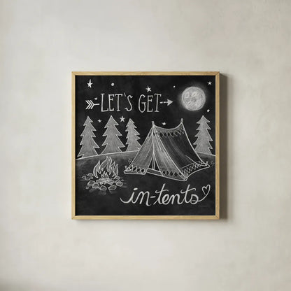 Adventure Love Tent Chalk by Mary Urban. Shown in a natural wood glass frame for a timeless modern aesthetic. Available as an archival giclee rolled canvas, fine art paper, or poster print. SKU 30514a.
