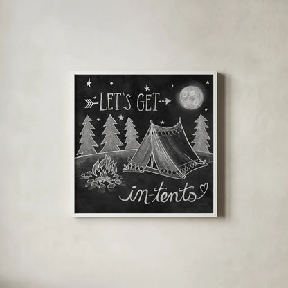 Adventure Love Tent Chalk by Mary Urban. Shown in a crisp white glass frame for a clean and minimalist style. Available as an archival giclee rolled canvas, fine art paper, or poster print. SKU 30514a.