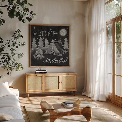 Adventure Love Tent Chalk by Mary Urban. Shown in a natural wood frame in a cozy modern living room. Available as an archival giclee rolled canvas, fine art paper, or poster print. SKU 30514a.