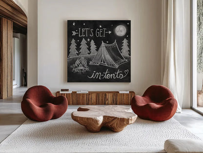 Adventure Love Tent Chalk by Mary Urban. Shown as extra-large giant wall art in a modern living room. Available as an archival giclee rolled canvas, fine art paper, or poster print. SKU 30514a.