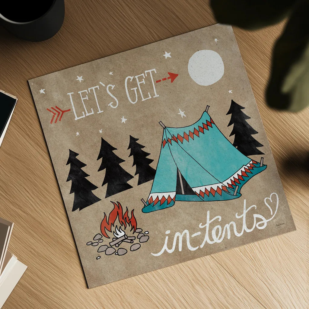 Adventure Love Tent Taupe by Mary Urban. Shown as a detailed flat fine art print, highlighting archival giclee quality. Available as an archival giclee rolled canvas, fine art paper, or poster print. SKU 20855a.