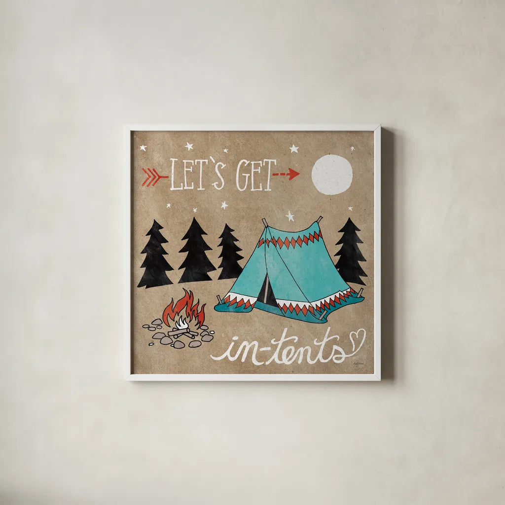 Adventure Love Tent Taupe by Mary Urban. Shown in a crisp white glass frame for a clean and minimalist style. Available as an archival giclee rolled canvas, fine art paper, or poster print. SKU 20855a.