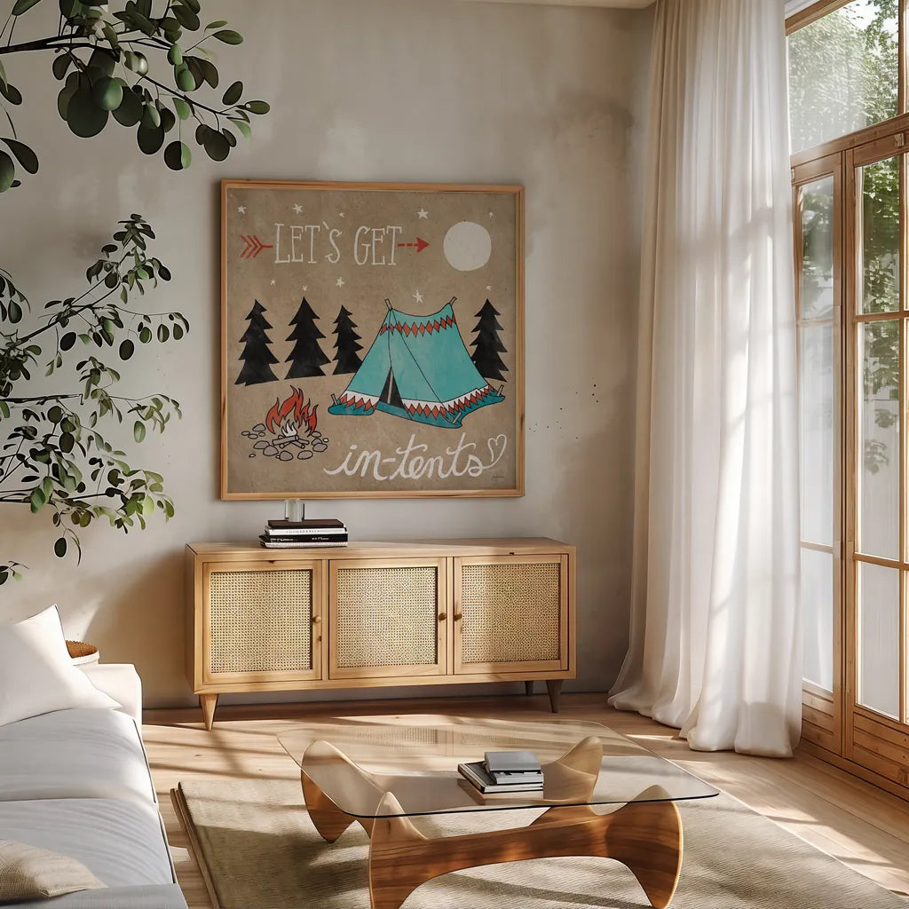 Adventure Love Tent Taupe by Mary Urban. Shown in a natural wood frame in a cozy modern living room. Available as an archival giclee rolled canvas, fine art paper, or poster print. SKU 20855a.