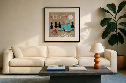 Adventure Love Tent Taupe by Mary Urban. Displayed in a glass frame with matte in a clean modern living room. Available as an archival giclee rolled canvas, fine art paper, or poster print. SKU 20855a.
