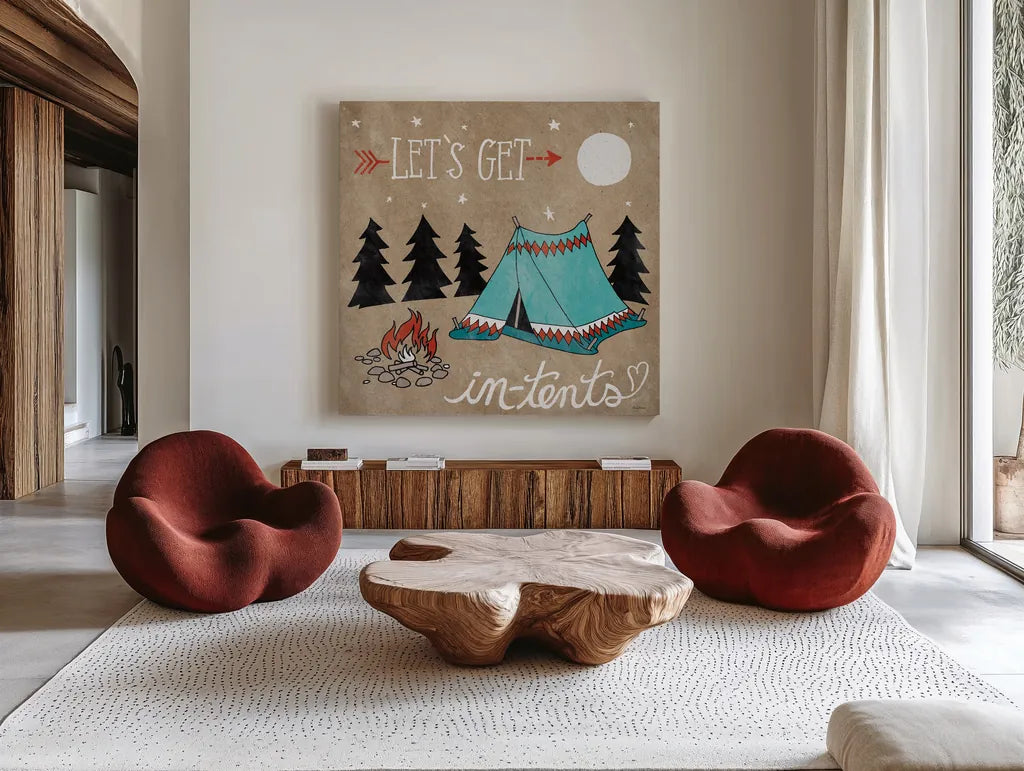 Adventure Love Tent Taupe by Mary Urban. Shown as extra-large giant wall art in a modern living room. Available as an archival giclee rolled canvas, fine art paper, or poster print. SKU 20855a.