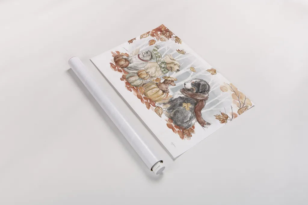 Autumn Dogs I by Mary Urban. shown as a rolled paper print. Available as archival giclee rolled canvas, fine art paper, or poster print. SKU 90334i.