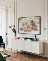 Autumn Dogs I by Mary Urban. shown as a framed stretched canvas in a living room above a console. Available as a archival giclee rolled canvas, fine art paper, or poster print. SKU 90334i.