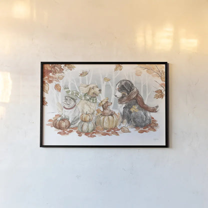 Autumn Dogs I by Mary Urban. shown as a paper print in a black flame. Available as a archival giclee rolled canvas, fine art paper, or poster print. SKU 90334i.