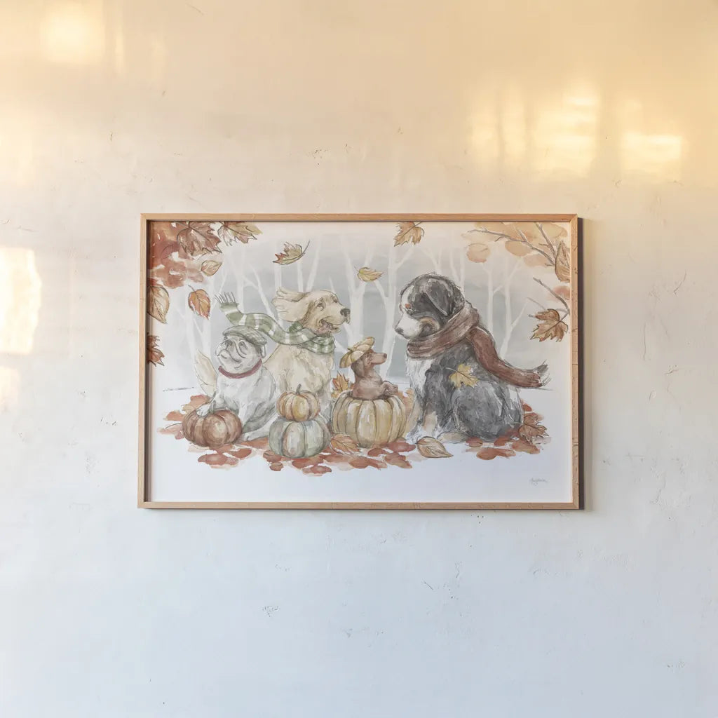 Autumn Dogs I by Mary Urban. shown as a paper print in a natural frame. Available as a archival giclee rolled canvas, fine art paper, or poster print. SKU 90334i.