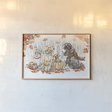 Autumn Dogs I by Mary Urban. shown as a paper print in a natural frame. Available as a archival giclee rolled canvas, fine art paper, or poster print. SKU 90334i.