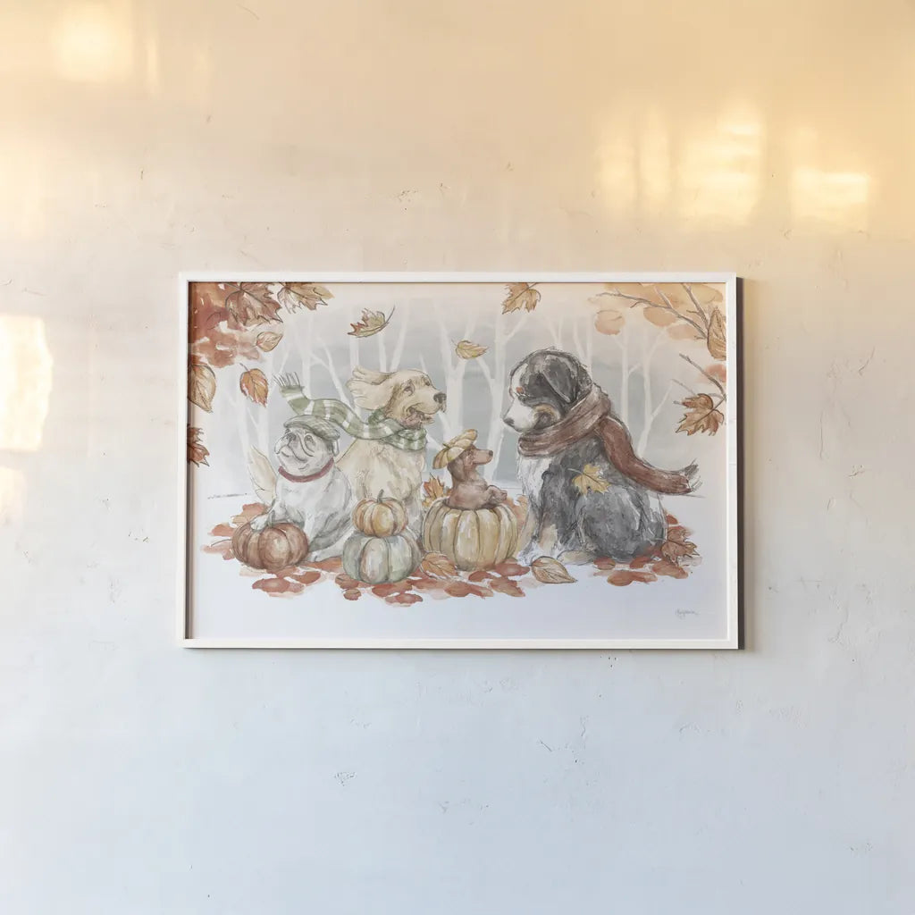 Autumn Dogs I by Mary Urban. shown as a paper print in a white frame. Available as a archival giclee rolled canvas, fine art paper, or poster print. SKU 90334i.