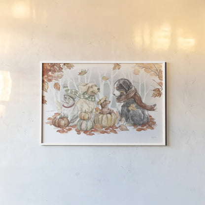 Autumn Dogs I by Mary Urban. shown as a paper print in a white frame. Available as a archival giclee rolled canvas, fine art paper, or poster print. SKU 90334i.
