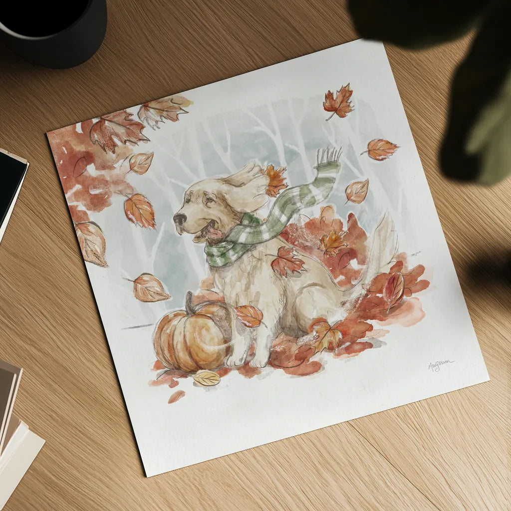 Autumn Dogs II by Mary Urban. Shown as a detailed flat fine art print, highlighting archival giclee quality. Available as an archival giclee rolled canvas, fine art paper, or poster print. SKU 90335a.