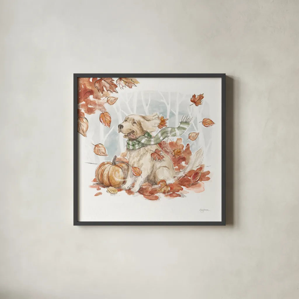 Autumn Dogs II by Mary Urban. Shown in a sleek black glass frame for a contemporary gallery look. Available as an archival giclee rolled canvas, fine art paper, or poster print. SKU 90335a.