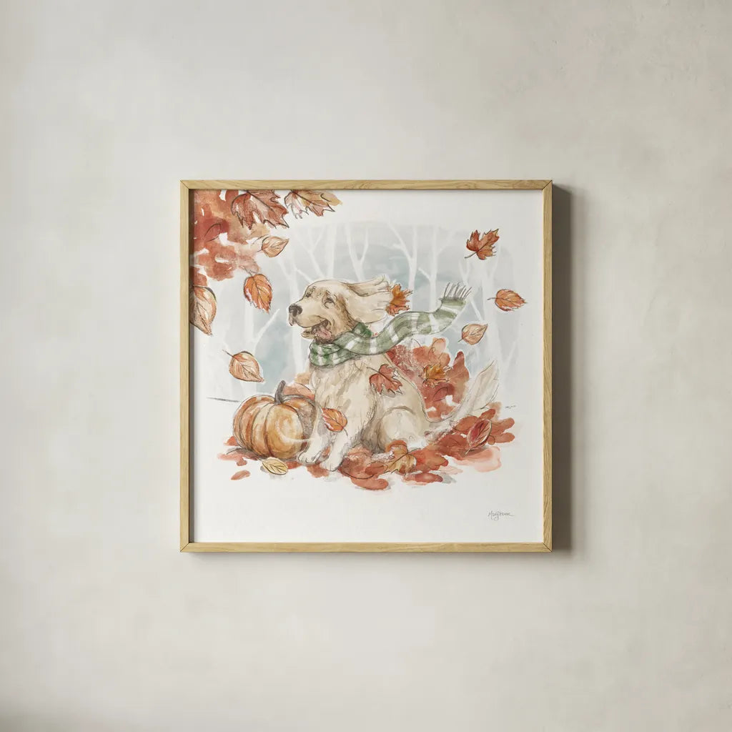 Autumn Dogs II by Mary Urban. Shown in a natural wood glass frame for a timeless modern aesthetic. Available as an archival giclee rolled canvas, fine art paper, or poster print. SKU 90335a.