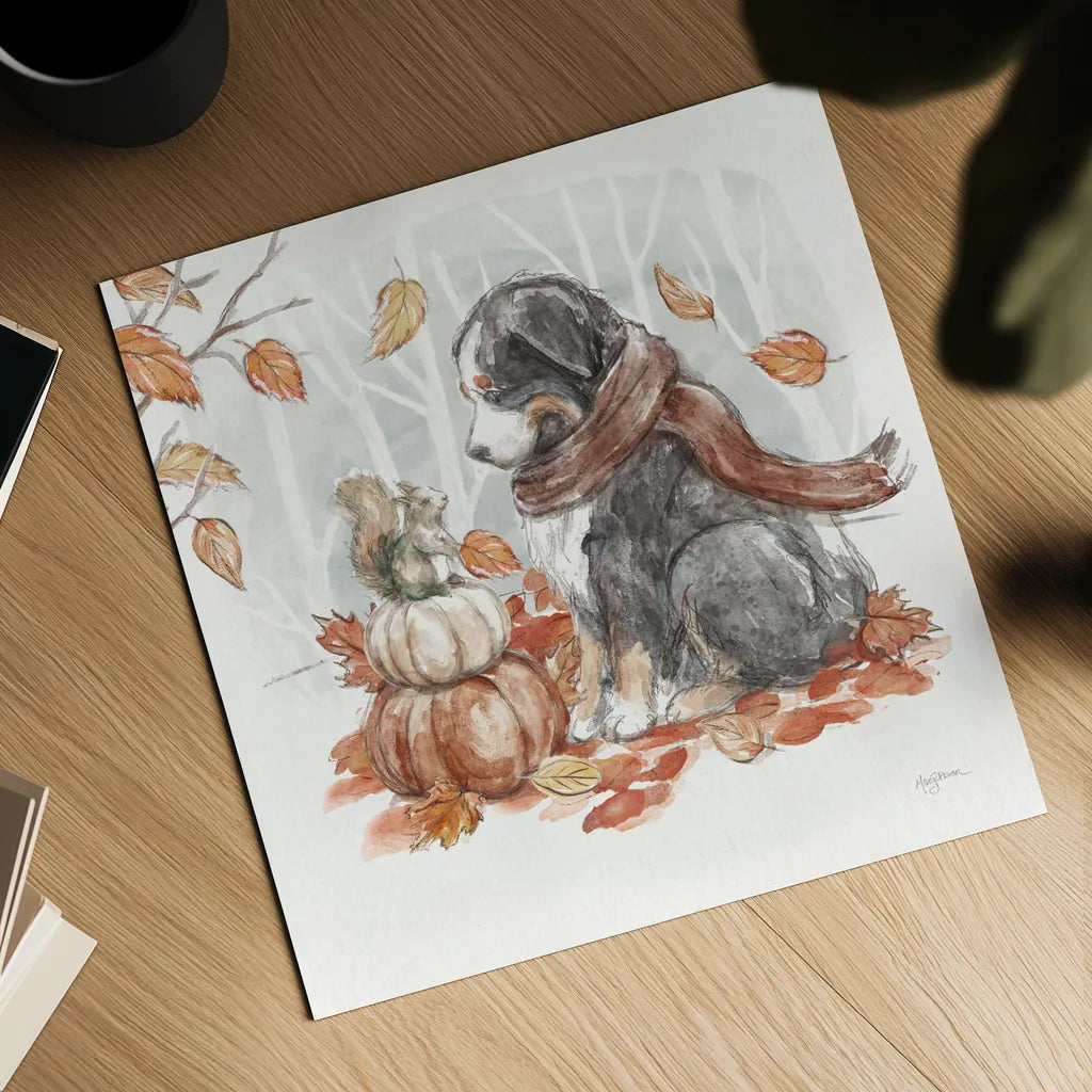 Autumn Dogs III by Mary Urban. Shown as a detailed flat fine art print, highlighting archival giclee quality. Available as an archival giclee rolled canvas, fine art paper, or poster print. SKU 90336a.