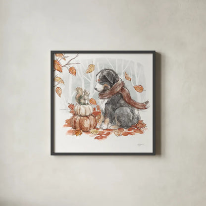 Autumn Dogs III by Mary Urban. Shown in a sleek black glass frame for a contemporary gallery look. Available as an archival giclee rolled canvas, fine art paper, or poster print. SKU 90336a.