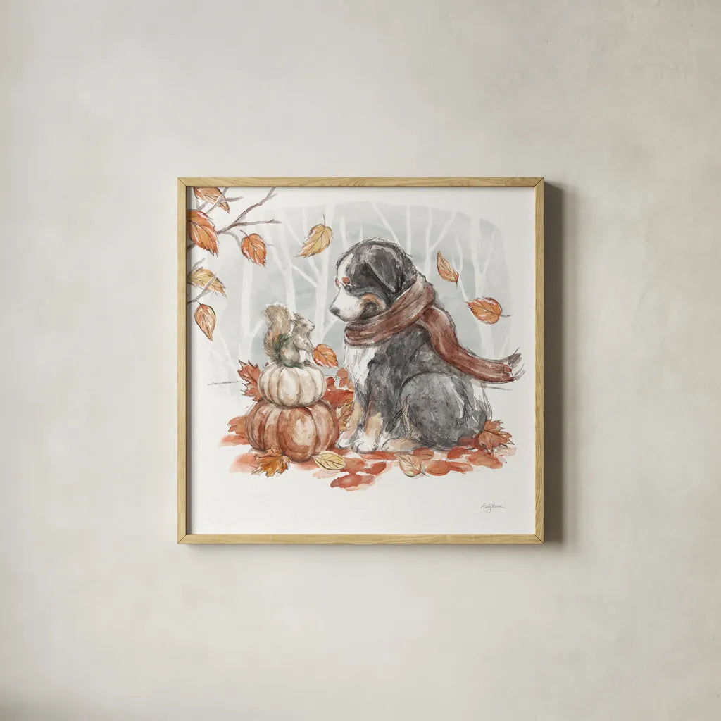 Autumn Dogs III by Mary Urban. Shown in a natural wood glass frame for a timeless modern aesthetic. Available as an archival giclee rolled canvas, fine art paper, or poster print. SKU 90336a.
