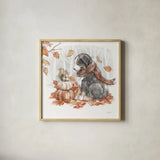 Autumn Dogs III by Mary Urban. Shown in a natural wood glass frame for a timeless modern aesthetic. Available as an archival giclee rolled canvas, fine art paper, or poster print. SKU 90336a.
