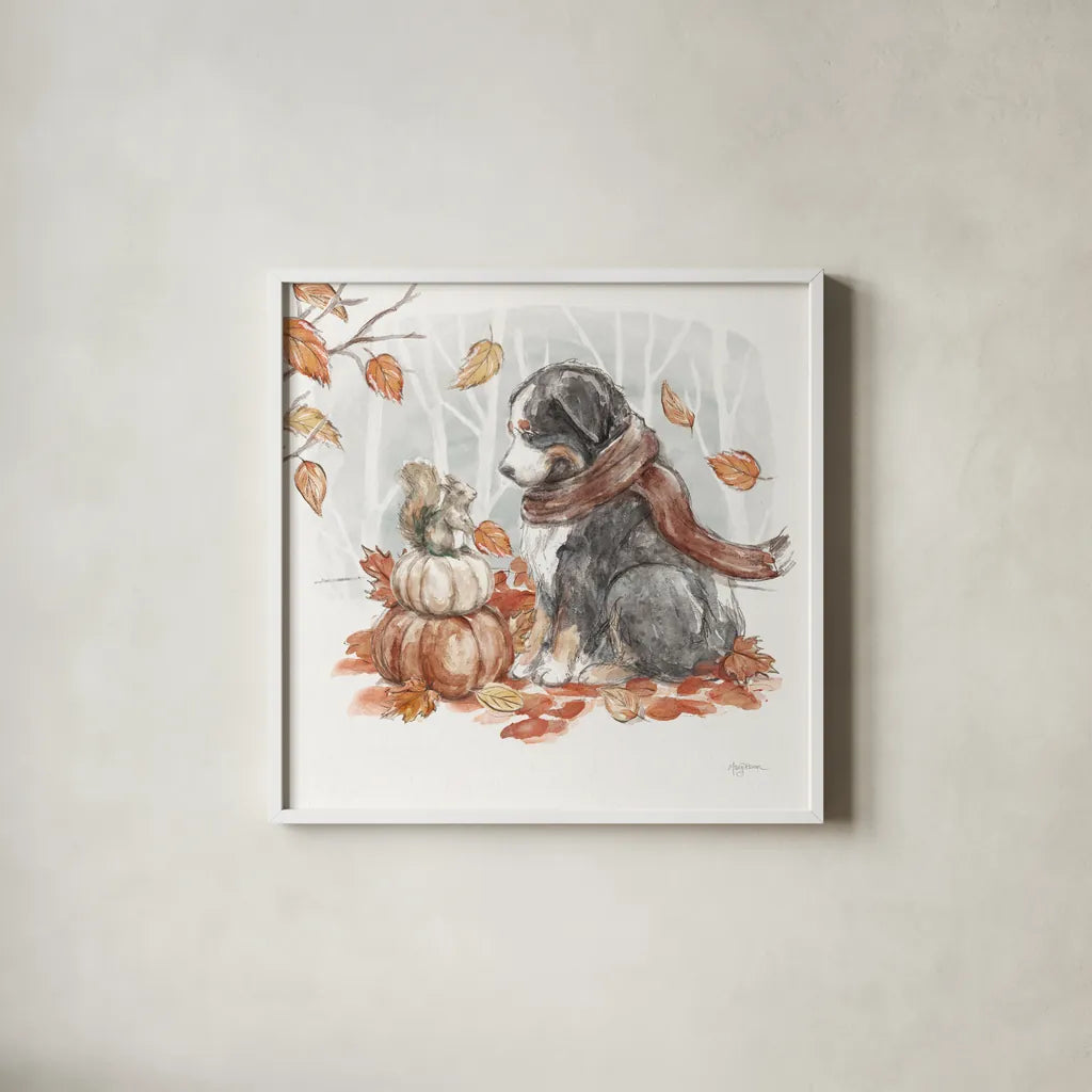Autumn Dogs III by Mary Urban. Shown in a crisp white glass frame for a clean and minimalist style. Available as an archival giclee rolled canvas, fine art paper, or poster print. SKU 90336a.