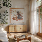 Autumn Dogs III by Mary Urban. Shown in a natural wood frame in a cozy modern living room. Available as an archival giclee rolled canvas, fine art paper, or poster print. SKU 90336a.