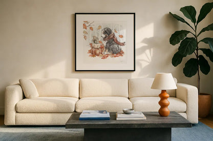 Autumn Dogs III by Mary Urban. Displayed in a glass frame with matte in a clean modern living room. Available as an archival giclee rolled canvas, fine art paper, or poster print. SKU 90336a.