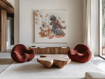 Autumn Dogs III by Mary Urban. Shown as extra-large giant wall art in a modern living room. Available as an archival giclee rolled canvas, fine art paper, or poster print. SKU 90336a.