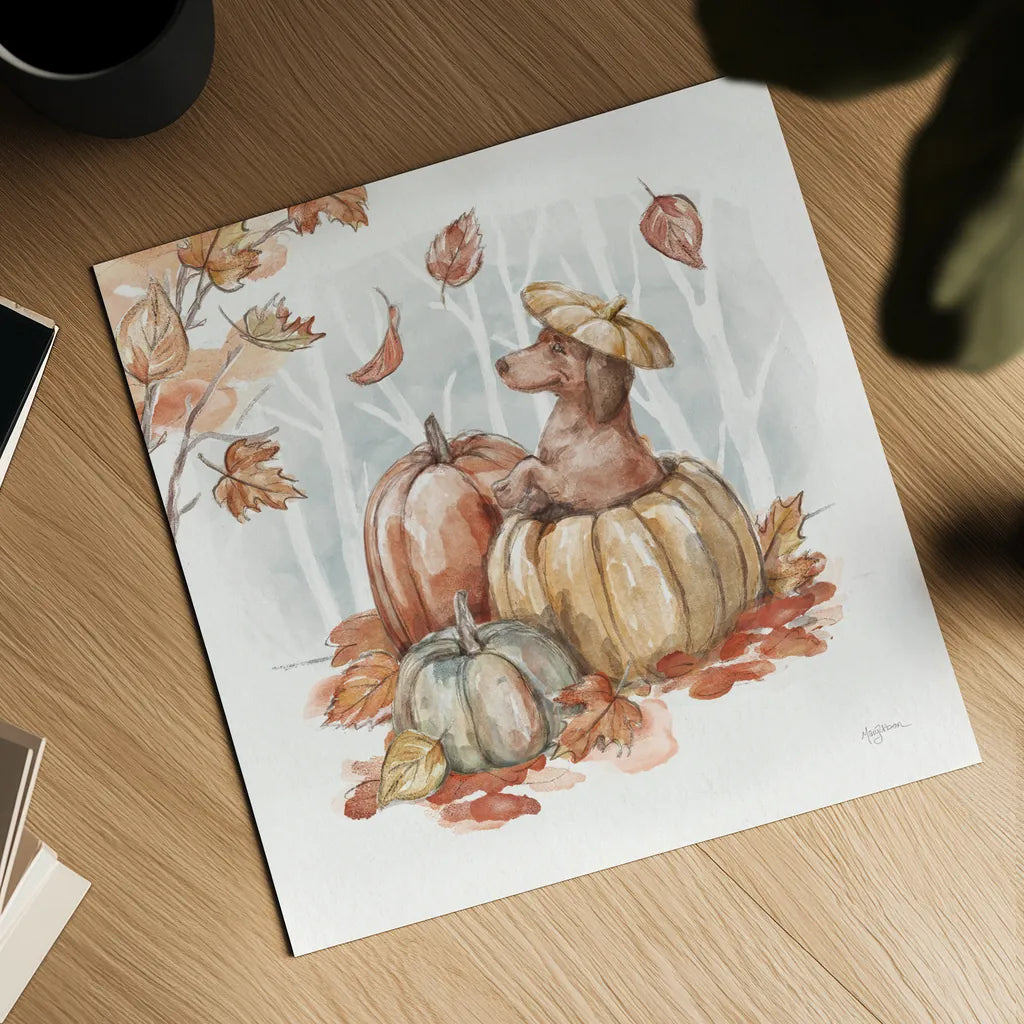 Autumn Dogs IV by Mary Urban. Shown as a detailed flat fine art print, highlighting archival giclee quality. Available as an archival giclee rolled canvas, fine art paper, or poster print. SKU 90337a.