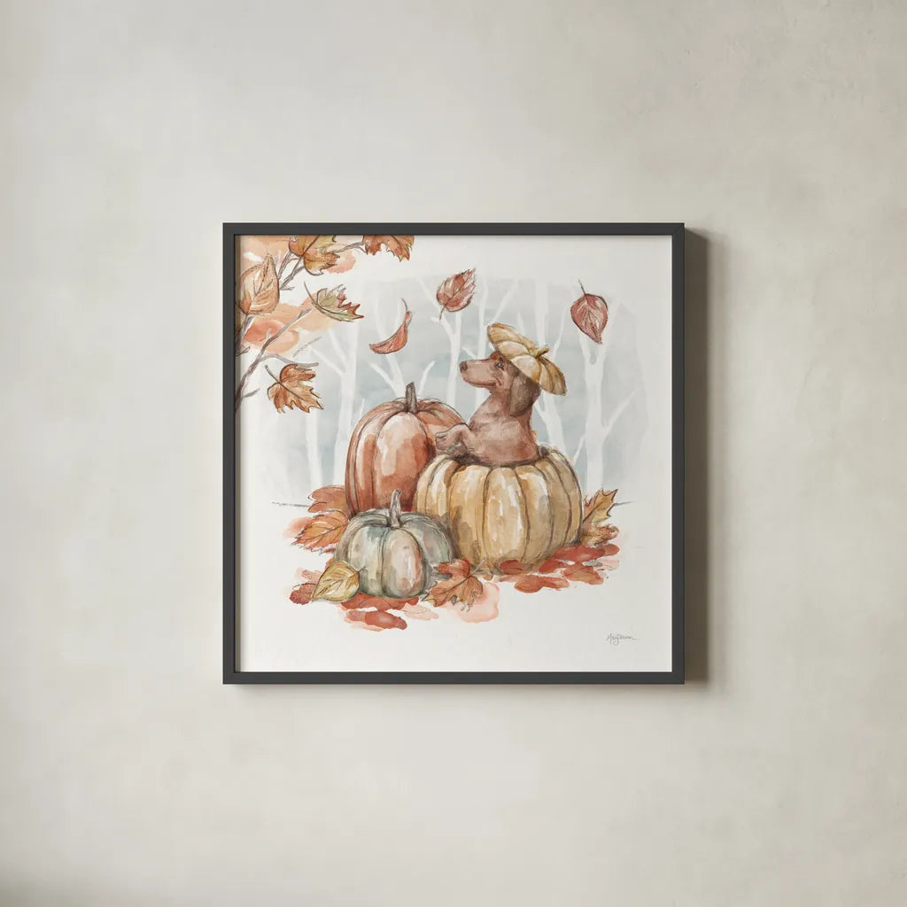 Autumn Dogs IV by Mary Urban. Shown in a sleek black glass frame for a contemporary gallery look. Available as an archival giclee rolled canvas, fine art paper, or poster print. SKU 90337a.