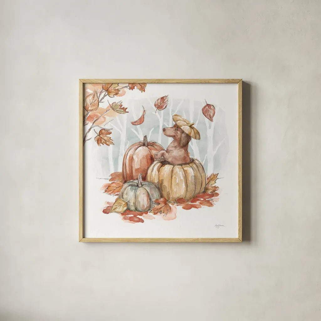 Autumn Dogs IV by Mary Urban. Shown in a natural wood glass frame for a timeless modern aesthetic. Available as an archival giclee rolled canvas, fine art paper, or poster print. SKU 90337a.
