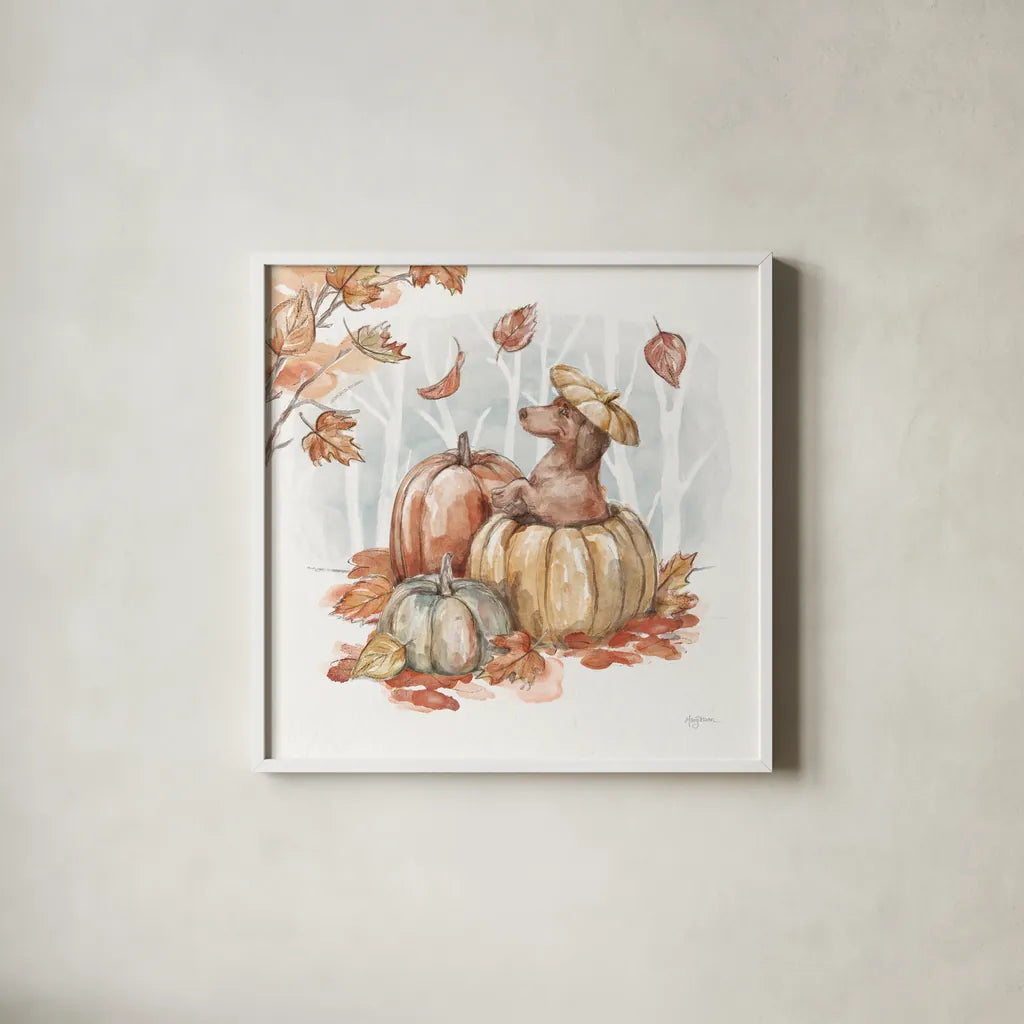 Autumn Dogs IV by Mary Urban. Shown in a crisp white glass frame for a clean and minimalist style. Available as an archival giclee rolled canvas, fine art paper, or poster print. SKU 90337a.