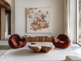 Autumn Dogs IV by Mary Urban. Shown as extra-large giant wall art in a modern living room. Available as an archival giclee rolled canvas, fine art paper, or poster print. SKU 90337a.