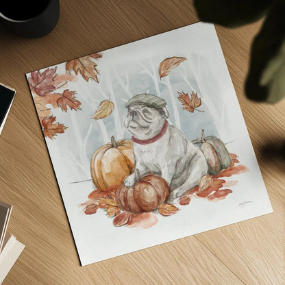Autumn Dogs V by Mary Urban. Shown as a detailed flat fine art print, highlighting archival giclee quality. Available as an archival giclee rolled canvas, fine art paper, or poster print. SKU 90338a.