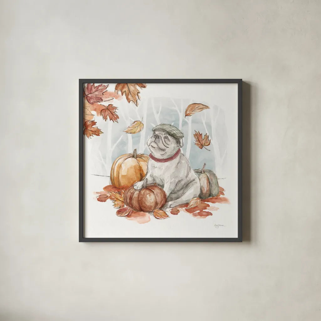 Autumn Dogs V by Mary Urban. Shown in a sleek black glass frame for a contemporary gallery look. Available as an archival giclee rolled canvas, fine art paper, or poster print. SKU 90338a.