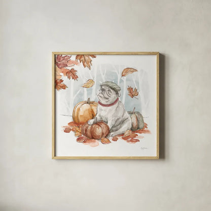 Autumn Dogs V by Mary Urban. Shown in a natural wood glass frame for a timeless modern aesthetic. Available as an archival giclee rolled canvas, fine art paper, or poster print. SKU 90338a.