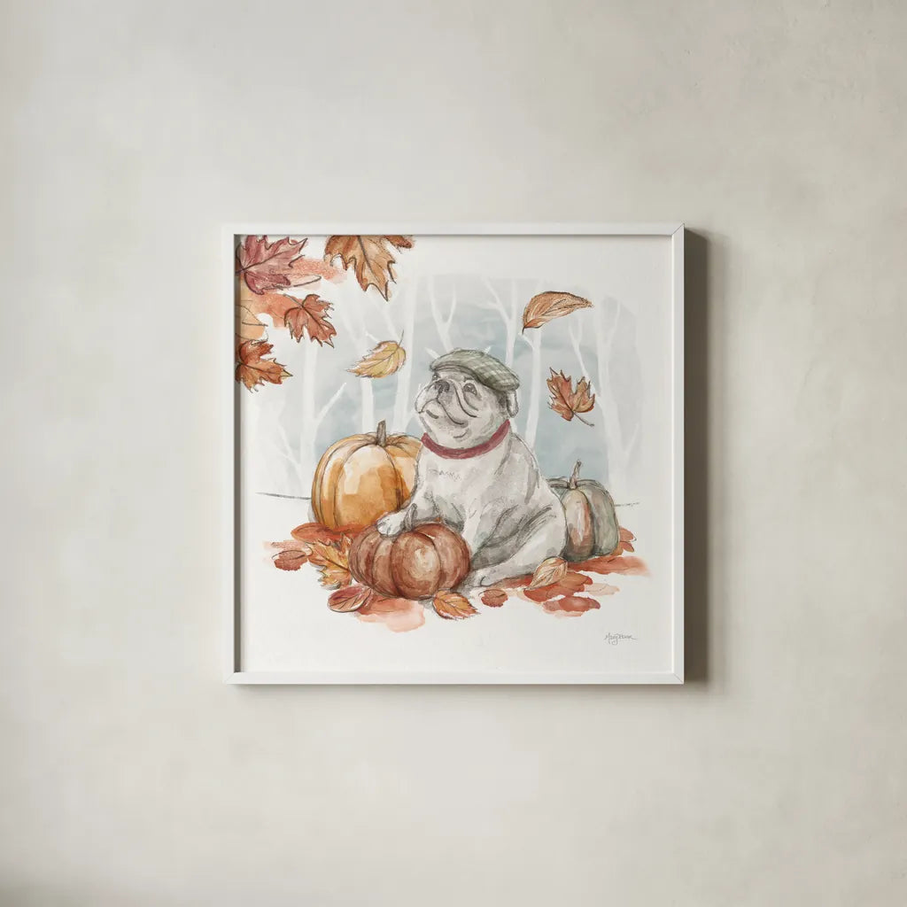 Autumn Dogs V by Mary Urban. Shown in a crisp white glass frame for a clean and minimalist style. Available as an archival giclee rolled canvas, fine art paper, or poster print. SKU 90338a.