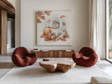 Autumn Dogs V by Mary Urban. Shown as extra-large giant wall art in a modern living room. Available as an archival giclee rolled canvas, fine art paper, or poster print. SKU 90338a.