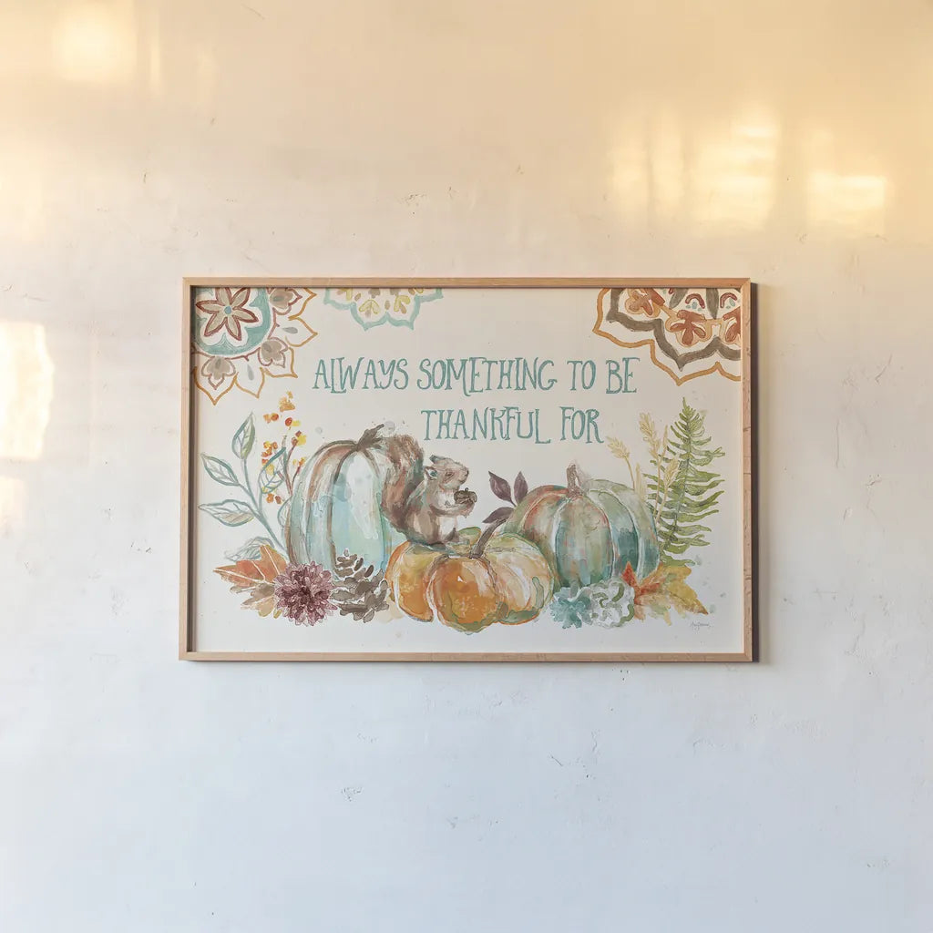 Autumn Friends I by Mary Urban. shown as a paper print in a natural frame. Available as a archival giclee rolled canvas, fine art paper, or poster print. SKU 49830i.