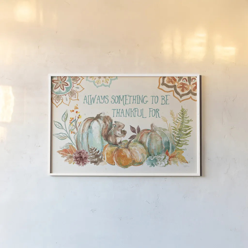 Autumn Friends I by Mary Urban. shown as a paper print in a white frame. Available as a archival giclee rolled canvas, fine art paper, or poster print. SKU 49830i.