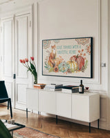 Autumn Friends II by Mary Urban. shown as a framed stretched canvas in a living room above a console. Available as a archival giclee rolled canvas, fine art paper, or poster print. SKU 49831i.