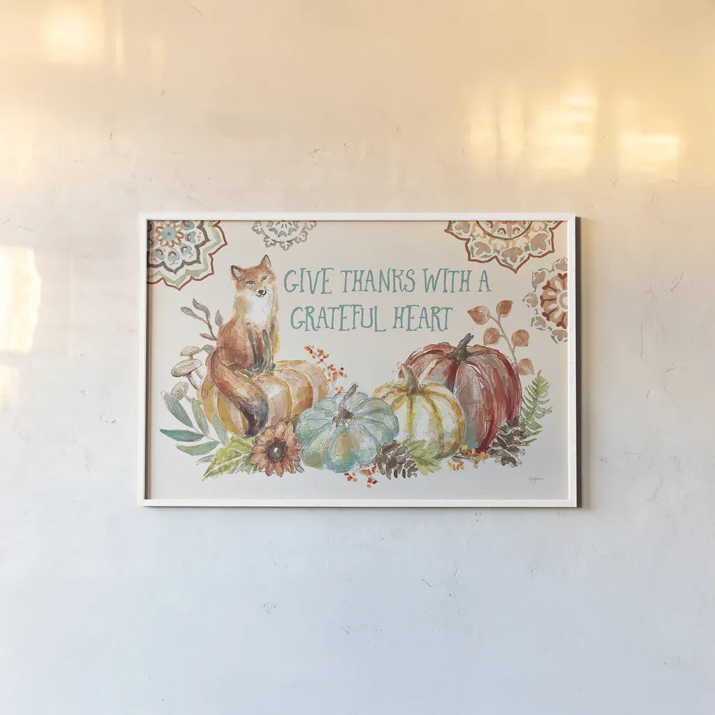 Autumn Friends II by Mary Urban. shown as a paper print in a white frame. Available as a archival giclee rolled canvas, fine art paper, or poster print. SKU 49831i.