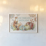 Autumn Friends II by Mary Urban. shown as a paper print in a white frame. Available as a archival giclee rolled canvas, fine art paper, or poster print. SKU 49831i.