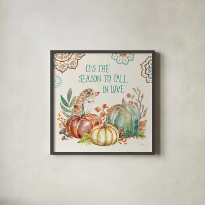 Autumn Friends III by Mary Urban. Shown in a sleek black glass frame for a contemporary gallery look. Available as an archival giclee rolled canvas, fine art paper, or poster print. SKU 49832a.
