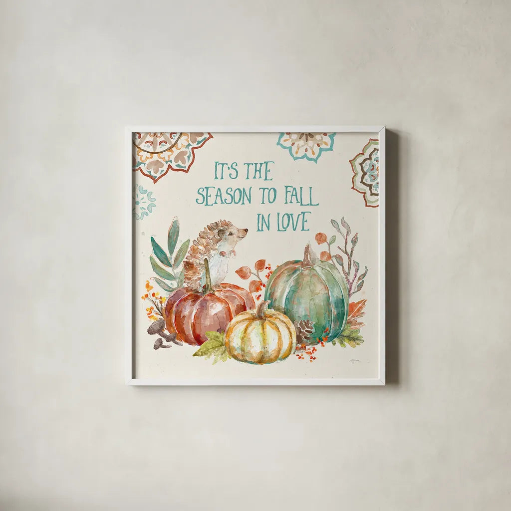 Autumn Friends III by Mary Urban. Shown in a crisp white glass frame for a clean and minimalist style. Available as an archival giclee rolled canvas, fine art paper, or poster print. SKU 49832a.