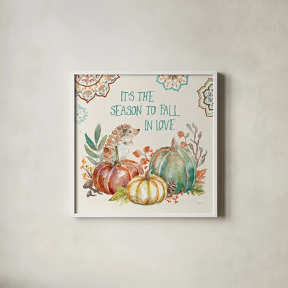 Autumn Friends III by Mary Urban. Shown in a crisp white glass frame for a clean and minimalist style. Available as an archival giclee rolled canvas, fine art paper, or poster print. SKU 49832a.
