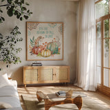 Autumn Friends III by Mary Urban. Shown in a natural wood frame in a cozy modern living room. Available as an archival giclee rolled canvas, fine art paper, or poster print. SKU 49832a.
