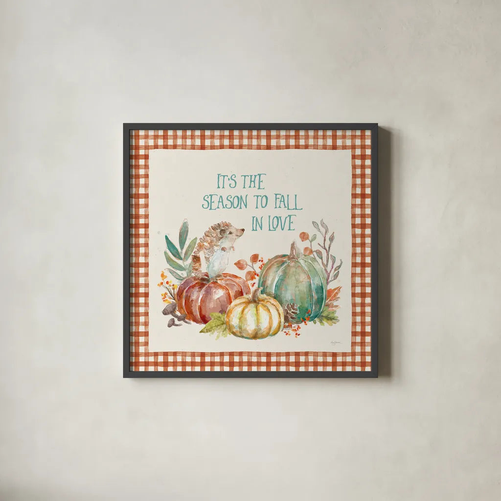 Autumn Friends III Pattern VA by Mary Urban. Shown in a sleek black glass frame for a contemporary gallery look. Available as an archival giclee rolled canvas, fine art paper, or poster print. SKU 50599a.