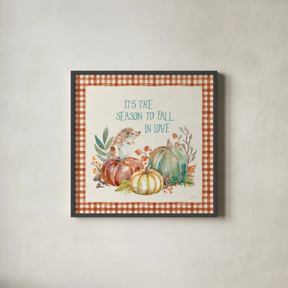 Autumn Friends III Pattern VA by Mary Urban. Shown in a sleek black glass frame for a contemporary gallery look. Available as an archival giclee rolled canvas, fine art paper, or poster print. SKU 50599a.
