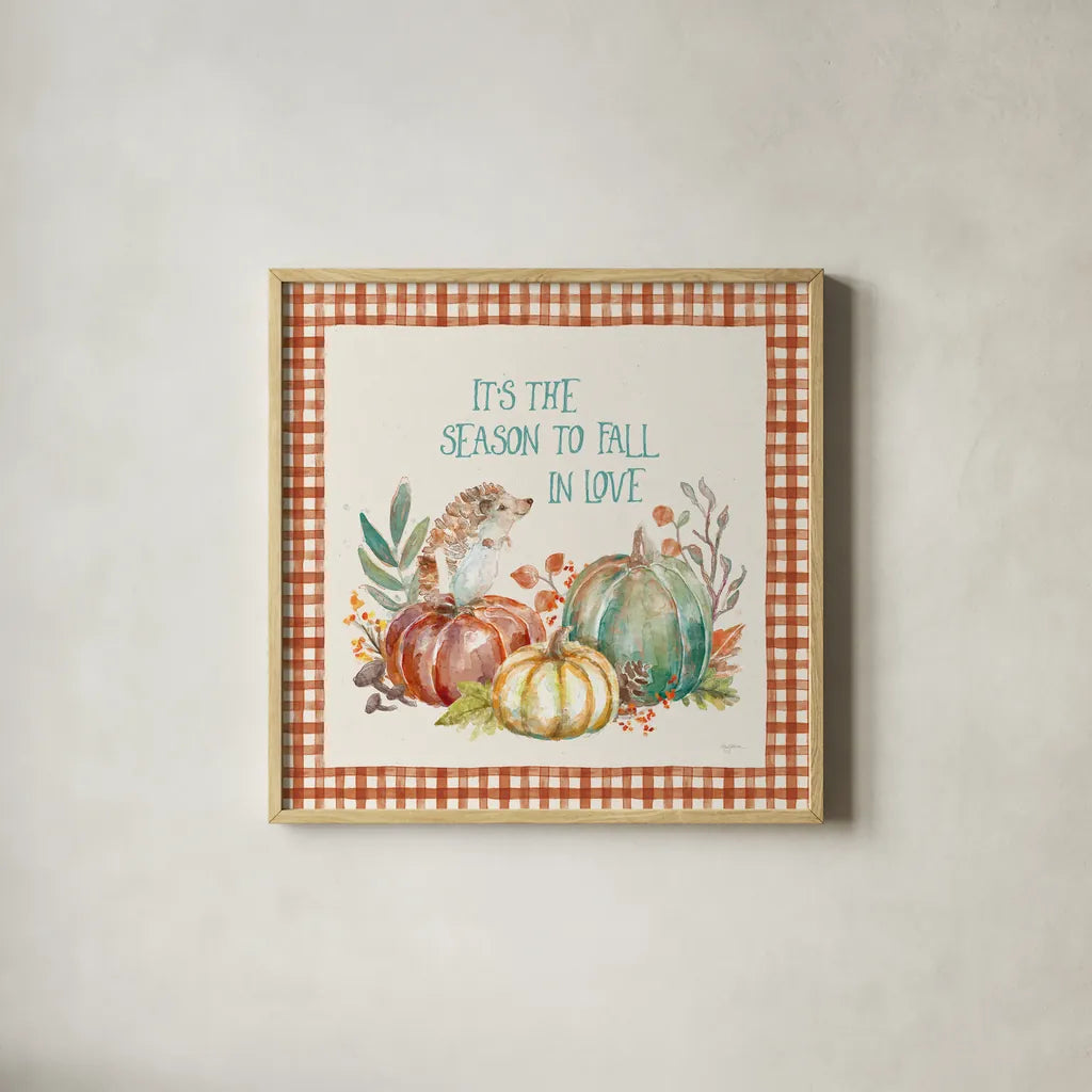 Autumn Friends III Pattern VA by Mary Urban. Shown in a natural wood glass frame for a timeless modern aesthetic. Available as an archival giclee rolled canvas, fine art paper, or poster print. SKU 50599a.