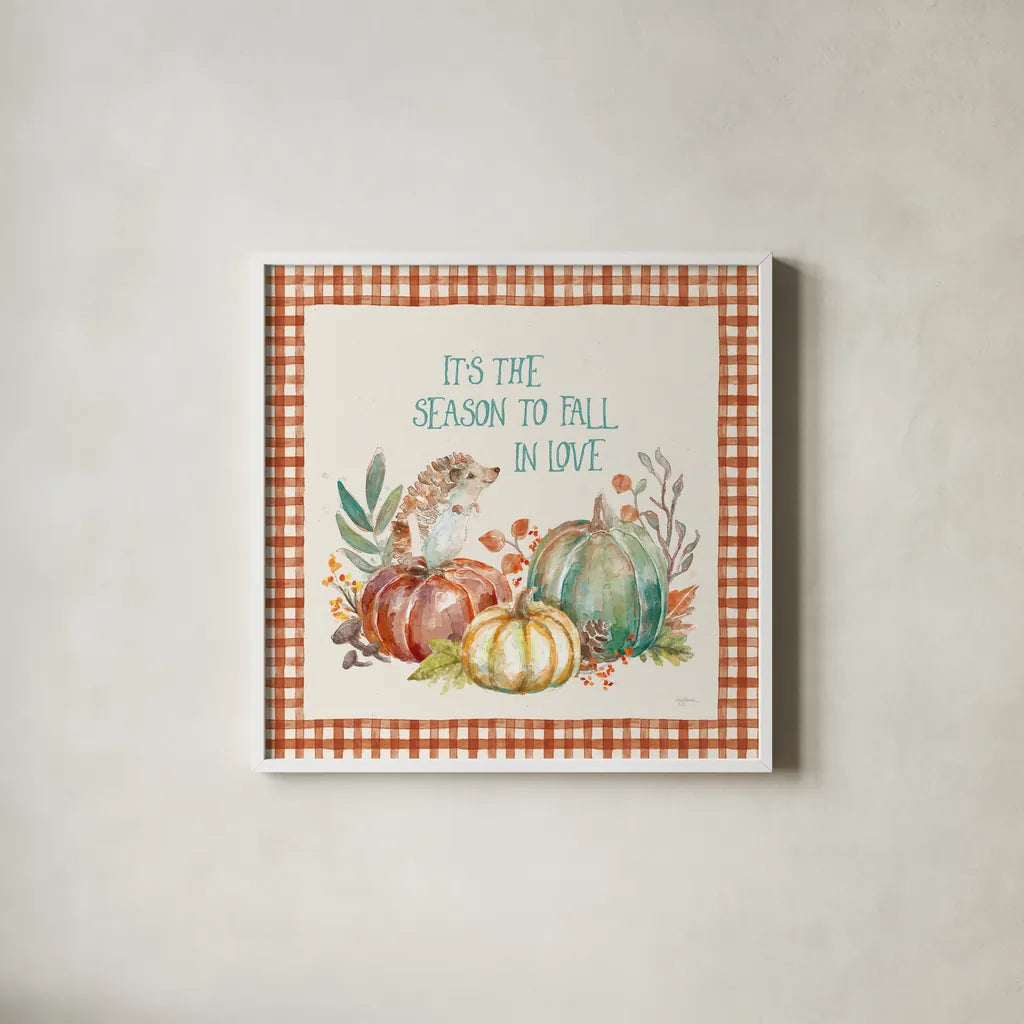 Autumn Friends III Pattern VA by Mary Urban. Shown in a crisp white glass frame for a clean and minimalist style. Available as an archival giclee rolled canvas, fine art paper, or poster print. SKU 50599a.